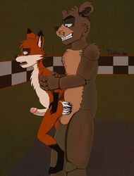 2016 anal anal_sex animatronic anthro balls bear blue_eyes brown_fur canine cum cum_inside fan_character five_nights_at_freddy's fox foxblaster.dae freddy_(fnaf) fur hi_res machine male mammal open_mouth penetration penis red_fur robot sex stage tongue video_games yaoi