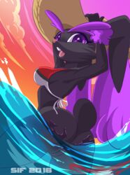 2016 anthro ass black_fur bottomless bra breasts clothed clothing female fur hat headgear lagomorph looking_at_viewer lopunny mammal nintendo open_mouth pink_nose pokemon pokemon_(species) purple_eyes purple_fur pussy rabbit sif_(artist) solo teeth thick_thighs tongue underwear video_games water wet