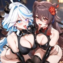 2girls :d ai_generated bangs bare_shoulders bikini black_bikini black_gloves black_legwear blue_eyes blurry blush breasts breath cleavage demon_girl demon_horns demon_tail demon_wings depressu elbow_gloves eyebrows_visible_through_hair furina_(genshin_impact) genshin_impact gloves grin hair_between_eyes horns hu_tao_(genshin_impact) imminent_sex large_breasts long_hair looking_at_viewer multiple_girls naughty_face navel night open_mouth revealing_clothes skindentation sky smile snow standing stomach succubus swimsuit tail thighhighs very_long_hair wings