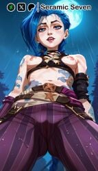 1girls 2d ai_generated arcane arcane_jinx blue_eyes blue_hair clothed clothed_female crazy_girl female female_focus female_only from_below jinx_(league_of_legends) league_of_legends looking_at_viewer moon night partially_clothed rain raining seramic_seven solo solo_female solo_focus sweatdrop