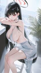 1girls armpit armpits bangle bangs black_hair blue_archive blush breasts cleavage collarbone earrings hair_ornament hairclip halo huge_breasts jewelry large_breasts long_hair red_eyes rio_(blue_archive) rucarachi sideboob sitting solo_female thighs white_dress