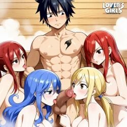 ai_generated erza_scarlet fairy_tail gray_fullbuster harem juvia_lockser lucy_heartfilia sauna