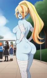 ai_generated ass backshot bandages big_ass big_butt blonde_hair blue_skin exhibitionism female hands_on_hips in_public multicolored_hair nikaidou_saki saki_nikaido side_view tomboy zombie_girl zombie_land_saga