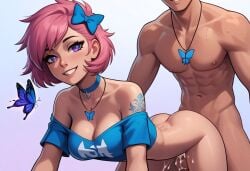 1boy 1girls abs ai_generated blue_butterfly bottomless bow breasts bug butterfly choker cleavage crop_top cum doggy_style female hairbow jewelry necklace off_shoulder offshoulder_shirt original_character pink_hair purple_eyes sex sex_from_behind shirt short_hair smile straight tattoo xiiirockiiix