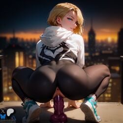 ai_generated anus blonde_hair bodysuit dildo facing_away female gwen_stacy looking_back_at_viewer marvel minokai self_upload squatting_on_dildo vagina