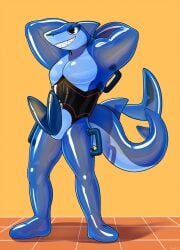 2024 2_penises animate_inanimate anthro blue_body erection fish genitals hacony hi_res inflatable latex living_inflatable living_latex living_pool_toy male marine multi_genitalia multi_penis penis shark sharp_teeth simple_background solo teeth