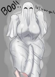 1futa big_ass big_breasts big_penis futanari ghost_costume ghost_futa halloween huge_cock light_background looking_at_viewer nude see-through_clothing solo solo_futa text yiomo