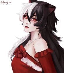 animal_ears artist_name bangs bare_shoulders black_hair breasts christmas cleavage collarbone diagonal_stripes dress eyelashes female hair_between_eyes lips lipstick long_hair looking_at_viewer makeup momotexx_(vtuber) multicolored_hair parted_lips red_dress red_eyes red_lips solo striped striped_background upper_body vertical_stripes virtual_youtuber vyugen white_background white_hair