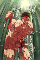 1boy abs bamboo_forest bara black_hair censored cum erection facial_hair forest gloves male male_only masturbation muscle muscles nikism nude outdoors pecs penis ryu_(street_fighter) solo street_fighter sweat tagme testicles wince