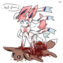 abuse all_fours ambiguous_gender blood bodily_fluids dialogue eevee eeveelution feral generation_1_pokemon generation_6_pokemon gore hi_res looking_aside lying nintendo on_front pokemon pokemon_(species) standing sylveon