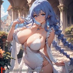 1girls ai_generated bedroom big_breasts blue_eyes breasts dress henhalla mai migurdia_roxy sakurajima_mai solo solo_female young younger_female