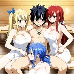 ai_generated erza_scarlet fairy_tail gray_fullbuster harem juvia_lockser lucy_heartfilia sauna