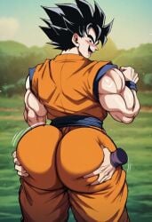 ai_generated ass ass_focus ass_grab big_ass big_butt black_hair blush bubble_ass bubble_butt cavariver disembodied_hand dragon_ball dragon_ball_z fully_clothed gay goku groping hand_on_butt huge_ass huge_butt looking_at_viewer looking_back male male_only muscular muscular_male smile son_goku spiky_hair