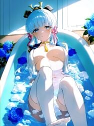 absurd_res ai_generated bath bathing bathtub blue_eyes blue_flower blue_hair blue_rose blunt_bangs blunt_tresses blush breasts breasts_apart choker closed_mouth collarbone convenient_censoring feet female flower flower_knot foot_out_of_frame genshin_impact hair_ornament hair_ribbon high_ponytail indoors kamisato_ayaka large_breasts light_blue_hair long_hair looking_at_viewer lying medium_breasts ministro mole mole_under_eye naked_shirt navel neck_ring no_shoes open_clothes open_shirt partially_submerged ponytail raised_eyebrows ribbon rose shirt sidelocks soap_bubbles soap_censor solo stomach tassel thighhighs thighs toes tress_ribbon water wet wet_clothes white_hair white_thighhighs yellow_choker