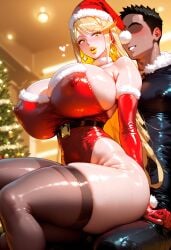 1boy 1girls ai_generated big_breasts blonde_hair blush breasts_bigger_than_head dark-skinned_male female huge_ass huge_breasts lipstick long_hair lustful_gaze massive_breasts mythra mythra_(xenoblade) nintendo nipples_visible_through_clothing santa_costume santa_hat sitting sitting_on_lap thick_thighs wide_hips xenoblade_(series) xenoblade_chronicles_2 yellow_eyes yellow_lipstick