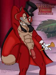 1boy anthro cane canine cape cheesecaked clothes cosplay disney foulfellow fox hat headgear hi_res honest_john logo looking_at_viewer male male_only mammal nude penis pinocchio pinup pose solo text