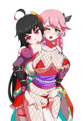 2girls ahoge areolae black_hair blue_eyes blush braid breast_grab breasts female female_only fishnets hair_ribbon large_breasts long_hair multiple_girls ninja nipples nonoka_(stella_glow) obi one_eye_closed open_mouth pink_hair purple_eyes red_bikini sakuya_(stella_glow) stella_glow tied_hair tongue tongue_out tsubakaa yuri