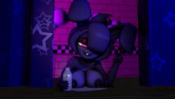 andromorph animatronic big_breasts blush bodily_fluids bonfie_(cryptiacurves) bonnie_(fnaf) breasts container eye_contact female five_nights_at_freddy's gesture hand_gesture human humanoid intersex lactating looking_at_another machine mammal milk milk_container narrowed_eyes robot scottgames smile solo stage stage_curtains v_sign