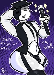 1boy artful_(die_of_death) belly_button closed_eyes die_of_death_(roblox) femboy gay hat heart magic magic_wand male male_only mask poster roblox roblox_game robloxian self_upload suit tagme text therandombee thighhighs thighs thong tie tongue_out
