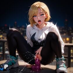 ai_generated blonde_hair blue_eyes gwen_stacy marvel minokai motion_lines open_mouth pussy pussy_juice short_hair squatting_on_dildo squirting tongue_out vaginal_penetration