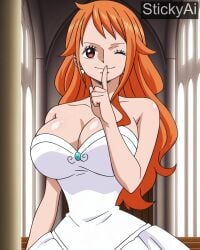 against_wall ai_generated bath church female finger_to_mouth large_breasts male nami nami_(one_piece) one_eye_closed one_piece orange_hair post-timeskip shushing stickyai wedding_dress