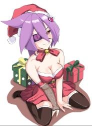 1girls big_breasts blush breasts broken_heart-shaped_pupil christmas christmas_outfit cleavage clothed clothing eyepatch female female_only hat jumpy_kun_(iamjumpy) light-skinned_female light_skin mercy_modiste one_eye_covered pink_nails purple_hair red_eye santa_costume santa_hat solo symbol-shaped_pupil vallure virtual_youtuber