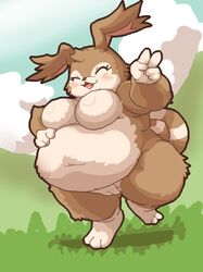 anthro big_breasts big_ears blush breasts chest_tuft closed_eyes cloud fangs female floppy_ears furry grass hand_on_stomach lagomorph mammal niccolo_(tanukimodoki) nikita_(tanukimodoki) obese open_mouth outdoors overweight overweight_female plump_labia pussy sky smile tanukimodoki thick_thighs tongue tuft unknown_species v walking