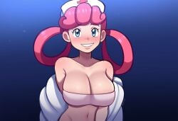 1girls ai_generated cleavage female large_breasts looking_at_viewer mullon novelai nurse nurse_cap nurse_joy nurse_uniform pink_hair pokemon solo solo_focus undressing