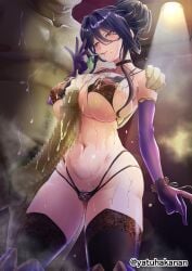 after_ejaculation between_breasts black_bra bra bunnystein_fantasy choker condom condom_in_mouth cum cum_on_breasts elbow_gloves fat_man large_breasts large_penis lingerie mizuki_(bunnystein_fantasy) mole mole_under_mouth original_character penis_between_breasts pink_lipstick pubic_hair purple_gloves purple_hair purple_pubic_hair red_eyes seductive seductive_eyes seductive_look sweat tied_hair ugly_bastard ugly_man used_condom wet_skin yellow_cum