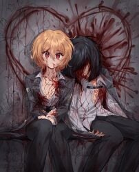 2girls absurdres black_hair black_pants black_suit blonde_hair blood blood_from_eyes blood_from_mouth breasts cheromo159 chest_strap collared_shirt corpse don_quixote_(project_moon) dress_shirt english_text feet_out_of_frame graffiti guro hand_rest heart highres lapels leaning_on_person limbus_company looking_at_viewer multiple_girls pants partially_unbuttoned project_moon red_eyes ryoshu_(project_moon) shirt short_hair sitting suit white_shirt