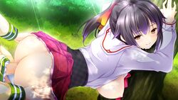 1boy against_tree asakura_chihiro ass black_hair blush breasts bush censored chihara_noa doggy_style facial female game_cg grass hair_ribbon highres large_breasts long_hair looking_back mosaic_censoring nipples otome_ga_irodoru_koi_no_essence penis ponytail ribbon sex shouna_mitsuishi skirt smile tied_hair tree yellow_eyes