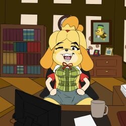 1:1 animal_crossing anthro canid canine canis chair clothed clothing domestic_dog duo female fur furniture hi_res human human_on_anthro humanoid interspecies isabelle_(animal_crossing) lewdsharx male male/female mammal nintendo office office_chair public public_sex secretary sex shih_tzu toy_dog villager_(animal_crossing) yellow_body yellow_fur