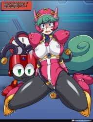 1girls big_breasts black_bodysuit blue_eyes comic cucked_lesbian cuckquean eddie_(mega_man) green_eyes green_hair hands_behind_back inminent_sex long_hair marino mega_man mega_man(classic) mega_man_x mega_man_x_dive netorare pussy robot_girl tentacle tentacle_in_pussy text text_box vcampan