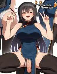 1boy 1futa 2025 ai_generated artist_name ass balls black_hair black_legwear blush breasts bust chest china_dress chinese_clothes cock dick double_v dress erection foxenpai futanari hi_res high_quality high_resolution highres intersex kantai_collection legs_apart legs_spread long_hair male nagato_(kantai_collection) open_legs open_mouth panties patreon patreon_username penis smile splayed_legs spread_legs squatting stable_diffusion testicles thighhighs uncensored underwear v w watermark white_panties