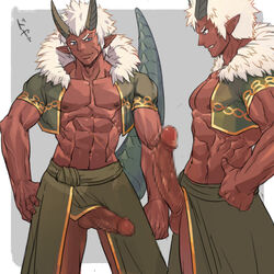 abs bara dark_skin demon demon_boy dungeon_and_fighter dungeon_fighter_online erection horns itrenok large_penis looking_at_viewer male male_only monster_boy muscle muscles naughty_face nikism nipples pecs penis pointy_ears silver_hair testicles yaoi