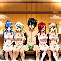 ai_generated erza_scarlet fairy_tail gray_fullbuster harem juvia_lockser lucy_heartfilia sauna