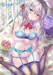 ahoge alisa_mikhailovna_kujou bare_arms bare_belly bare_shoulders bed belly_button big_breasts blue_eyes blush bra breasts cleavage collarbone detached_collar feet fishnet_thighhighs garter_belt garter_straps hair_ribbon lace-trimmed_bra lace-trimmed_panties lingerie long_hair ogata_tei panties parted_lips russian thighhighs tokidoki_bosotto_russian_de_dereru_tonari_no_alya-san underwear underwear_only wariza white_hair