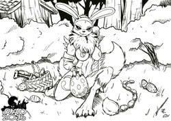 2016 anal_beads anthro black_and_white black_sclera breasts chest_tuft digiegg digimon dildo easter egg female forest holidays looking_at_viewer monochrome nude renamon s-nina sex_toy solo tree tuft