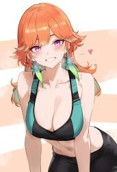 1girls bluefield blush bra breasts female heart hololive hololive_english hololive_myth large_breasts light-skinned_female light_skin long_hair orange_hair purple_eyes smile steam sweat takanashi_kiara virtual_youtuber