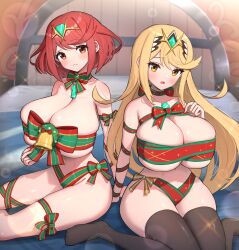 2girls blonde_hair breasts christmas cleavage female gold_eyes gonzarez hi_res huge_breasts light-skinned_female light_skin long_hair mythra naughty_face nintendo pyra red_eyes red_hair short_hair thighs xenoblade_(series) xenoblade_chronicles_2