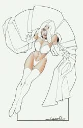 aaron_lopresti blonde_female blue_eyes corset emma_frost female female_only hair_over_one_eye hellfire_club marvel marvel_comics panties pinup pinup_pose platinum_blonde_hair white_queen x-men