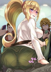 4boys ass belt blonde_hair blush breasts cellphone clenched_teeth embarrassed erection eyebrows eyebrows_visible_through_hair female full-face_blush green_skirt gundam gundam_tekketsu_no_orphans highres indoors kudelia_aina_bernstein large_breasts long_hair long_sleeves looking_back multiple_boys onomatopoeia pantylines parted_lips ponytail purple_eyes sad.co short_hair sideboob sitting skirt smile sweatdrop tied_hair very_long_hair