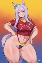 ai ai_generated belly curvy hands_on_hips horse_ears horse_tail long_hair mejiro_mcqueen_(umamusume) midriff panties purple_hair rayasox shirt_and_panties small_breasts small_breasts_big_thighs thick_thighs tummy umamusume umamusume_pretty_derby venezuelan_flag wide_hips