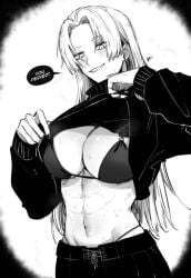 black_bra bra breast_focus dialogue long_hair manga showing_breasts taking_clothes_off yuki_tsukumo