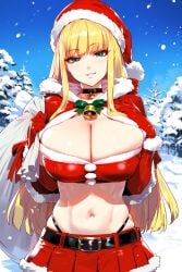 1girls ai_generated bimbo blonde_hair christmas huge_breasts noirprincess princess_anastasia santa_costume snow