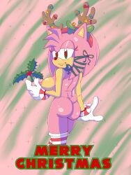 3:4 absurd_res accessory amy_rose anthro ass christmas christmas_clothing christmas_headwear clothing eulipotyphlan female female/female headband headgear headwear heart_eyes heart_symbol hedgehog hi_res holidays lewdsharx mammal mistletoe nipples nude nude_anthro nude_female pinup plant pose sega solo sonic_(series) sonic_the_hedgehog_(series) wrapped_up wrapping_paper