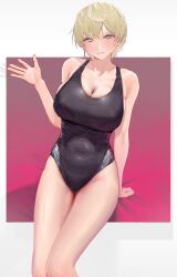 absurdres blonde_hair border breasts cleavage covered_navel cropped_legs earrings female green_eyes hand_up highres izumo_tenka jewelry large_breasts looking_at_viewer mato_seihei_no_slave one-piece_swimsuit rounan58287 sideboob single_earring solo swimsuit tassel tassel_earrings waving white_border