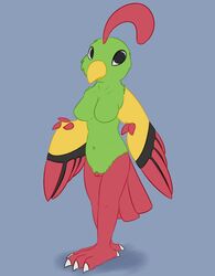 anthro avian beak bird black_eyes blue_background breasts claws feathered_wings feathers female fur green_fur head_tuft hi_res looking_at_viewer multicolored_fur natu navel nintendo nude pokemon posexe pussy red_skin simple_background solo standing toe_claws tuft video_games white_sclera wings yellow_fur