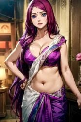 1girls ai_generated harem_outfit light-skinned_female light_skin looking_at_viewer mature_female metal264 red6161 red_hair saree sari