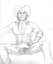 big_penis bulge bulge_through_clothing bulge_under_clothes cowboy_hat cowboy_outfit erection_under_clothes erection_under_clothing hairy hairy_chest hairy_male hard_on hard_sex jimmy_(mouthwashing) looking_at_viewer male male_focus male_only mouthwashing mouthwashing_(game) smiling_at_viewer spread_legs tenting unbuttoned unbuttoned_shirt